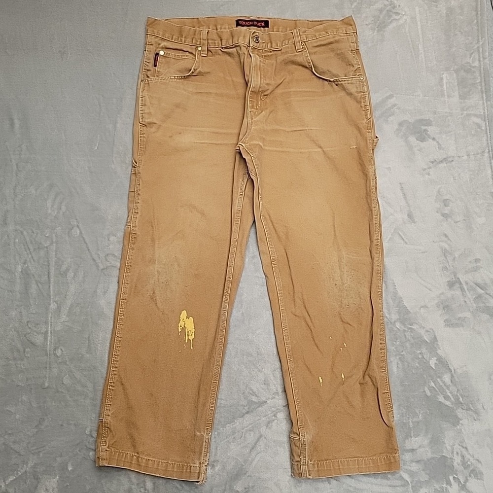 Tough Duck Jeans Men 38x30 Brown Canvas Carpenter Cargo utility Pocket Work Wear